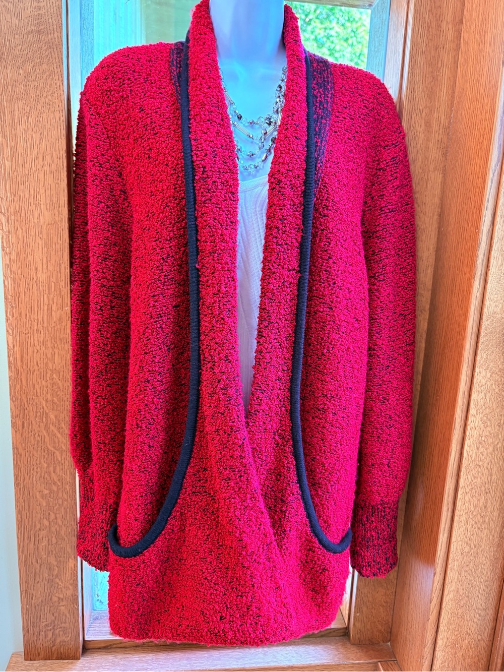 Vintage | Side Effects Open Cardigan Red Sweater Marled w Black Trim Pockets Lar